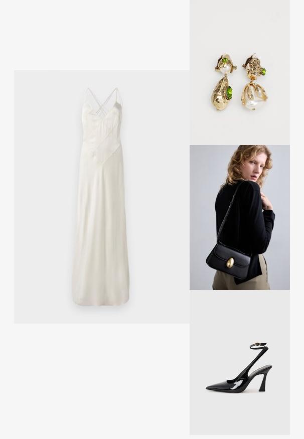 Longue robe en satin crème avec de fines bretelles, présentant un design entrecroisé au niveau du décolleté et une coupe décontractée, le tout avec une texture lisse et brillante.; Escarpins noirs en cuir verni avec un bout pointu, sangle ajustable à la cheville et un talon bloc modéré. Texture lisse avec finition brillante.; Sac à main en cuir noir avec une forme arrondie, doté d'un fermoir ovale doré proéminent, d'une sangle réglable et d'un design minimaliste.; Des boucles d'oreilles en or, présentant des formes texturées irrégulières, ornées de pierres précieuses vertes et de perles blanches, fixées avec des fermoirs clip-on.