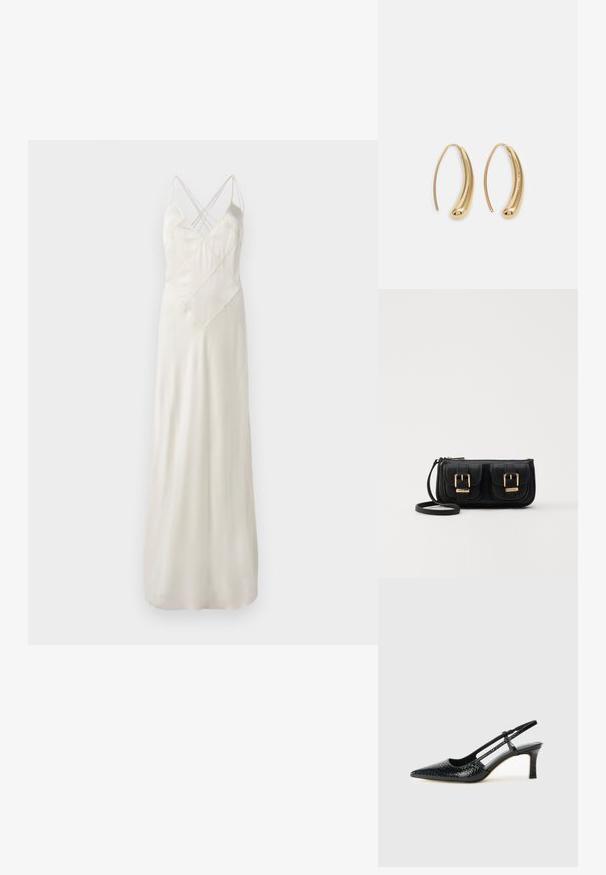 Long, cream satin dress with thin straps, featuring a crisscross design at the neckline and a relaxed fit, with a smooth, shiny texture.; Black patent slingback heel with a pointed toe, featuring textured snake print, adjustable strap, and a short, textured block heel.; Black leather crossbody bag with two front pockets, gold buckles, zipper closure, and a slim strap. Textured surface and compact rectangular shape.; Gold-tone metal hoop earrings with a curved, elongated shape. Features a smooth, shiny surface and a rounded tip for added detail.