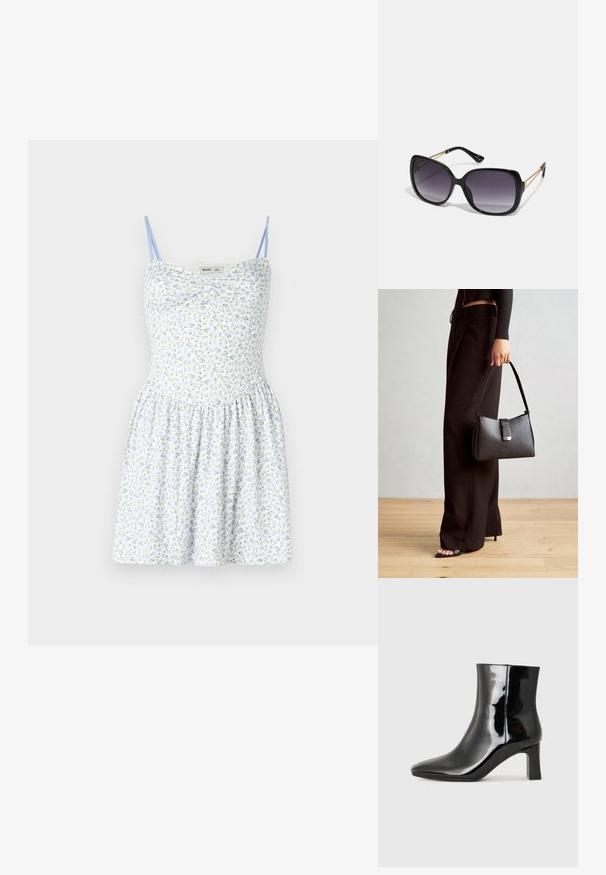 Rochie cu imprimeu floral, cu spate bleu deschis, bretele subțiri, corset ajustat și fustă plisată. Prezintă flori mici galbene și bleumarin pe un fundal alb.; Botine negre din piele lacuită, cu vârful ascuțit și toc bloc de înălțime medie. Textură netedă și design minimalist.; Ochelari de soare negri, supradimensionați, cu lentile degradate, rame groase și detalii cu lanț de ton auriu pe brațele templului.; Genți negre cu o formă structurată, textură netedă și un închizător metalic. Asortată cu pantaloni negri largi și sandale cu vârf deschis pe un podea din lemn.