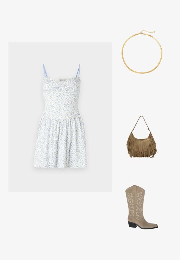 Haljina s cvjetnim uzorkom svijetloplave pozadine, tankim naramenicama, uskim korzetom i naboranom suknjom. Ima mala žuta i plava cvijeća na bijeloj podlozi.; PULL&BEAR Kaubojske/motorističke čizme - taupe; Smešena smeđa suđena torba s dugim resicama, zakrivljenim oblikom i jednim remenom za rame. Ima glatku, teksturiranu površinu.; Zlatna mrežasta choker ogrlica s ravnim, fleksibilnim dizajnom. Ima lanac za produženje koji omogućuje prilagodljivu duljinu. Glatka tekstura, minimalistički izgled.