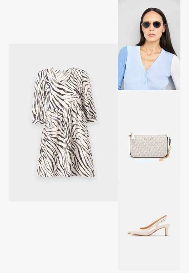 Obleka z zebra vzorcem v črno-beli barvi z V-izrezom, tričetrtnimi rokavi in nabrano pasom. Lahka tkanina z tekočo silhueto.; Bela slingback peta z ostrim nosom, gladka zgornja prevleka, nizka blok peta in zasnova z stranskimi izrezi ter nastavljivim trakom z zaponko.; Okrogle sončna očala s temnimi lečami in zlatimi okvirji. Model nosi svetlo modro, rebrasto jakno s gumbi in belimi rokavi v kontrastni barvi.; Michael Kors denarnica v bež lakiranem platnu z mišičnim vzorcem ponavljajočega se logotipa MK, z zlatim okovjem in snemljivo verižico.
