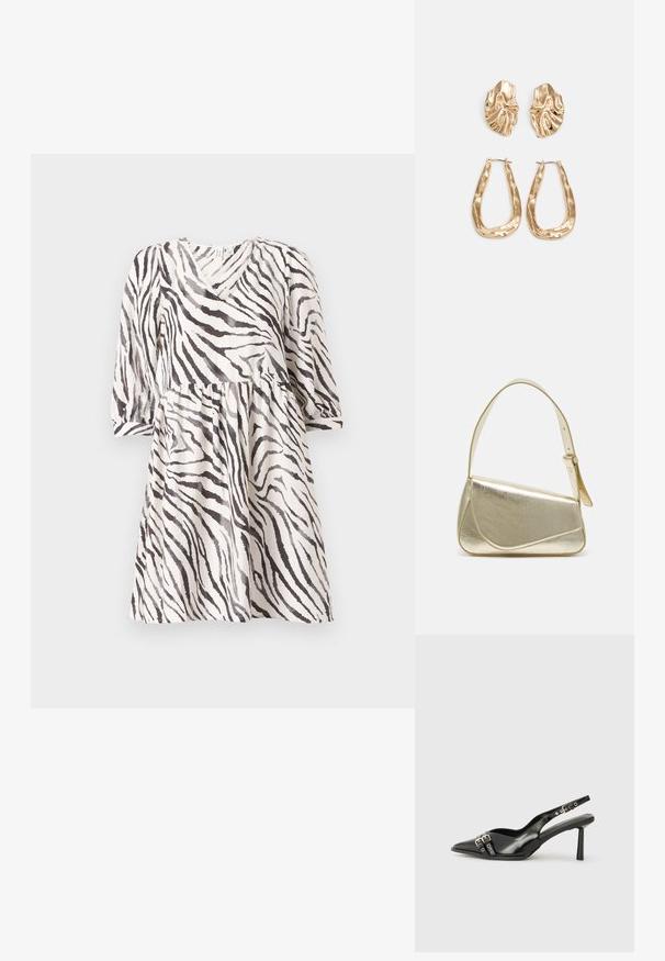Robe imprimée zèbre en noir et blanc avec décolleté en V, manches trois-quarts et taille froncée. Tissu léger avec une silhouette fluide.; Chaussure slingback en cuir verni noir avec un embout pointu, des brides de cheville avec des boucles en argent et des éléments en métal, et un talon fin.; Sac à main en métal doré avec un design structuré, texture lisse et bandoulière ajustable. Présente une forme triangulaire unique et des coutures minimalistes.; Boucles d'oreilles dorées présentant des formes texturées et ondulées. Comprend des clips sculpturaux et un design de créoles ouvertes avec une finition martelée.