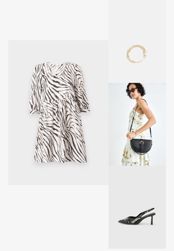 Zebras raksts kleita melnbaltā krāsā ar V veida dekoltē, trīs ceturtdaļu piedurknēm un savilktu vidukli. Viegls audums ar plūstošu siluetu.; Melnā patentēta ādas sandale ar norādītu purngalu, potītes siksniņām ar sudraba sprādzēm un aparatūru, kā arī smalku papēdi.; Melnas ādas rokassoma ar izliekta formu, noņemamu siksnu un zelta aksesuāriem. Somai ir vāciņš ar sprādzes detaļu.; Zelta toņa gredzens ar organisku, vērptu dizainu, gludu virsmu un sašaurinātiem galiem, radot mūsdienīgu, skulpturālu izskatu.