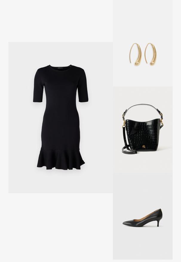 Armani Exchange DRESS - Vestido direito - black; Sapato de salto alto em pele preta com bico fino, salto baixo e textura suave. Apresenta uma ligeira abertura na parte da frente e mínima ferragem na parte de trás.; Bolsa de pele corcunda preta com textura de crocodilo, formato curvo, detalhes em metal dourado, alça ajustável e logotipo na parte da frente.; Brincos em metal dourado com forma de arco alongado e curvado. Apresentam uma superfície lisa e brilhante, com uma ponta arredondada para um detalhe adicional.