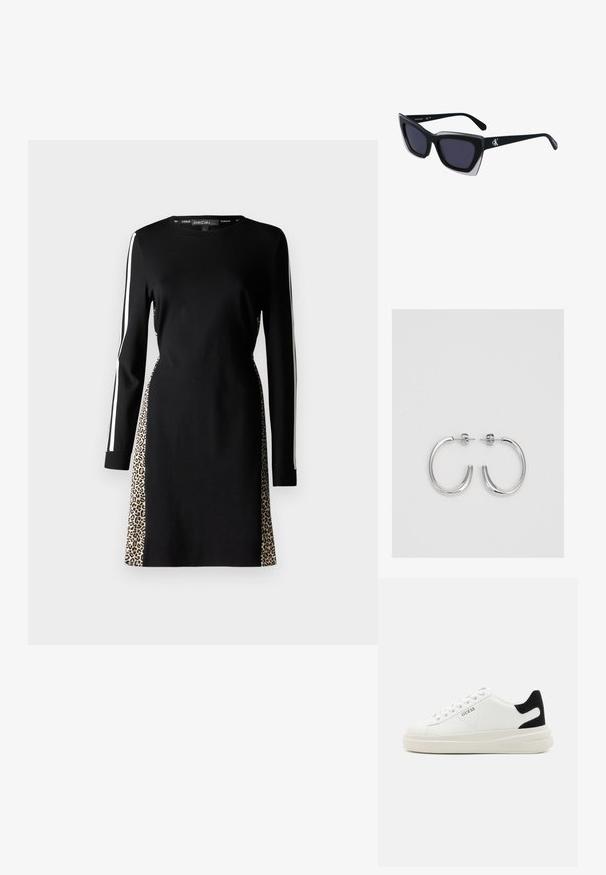 Czarna sukienka z długimi rękawami, białymi paskami po bokach i akcentami w leopardzi wzór po bokach. Wykonana z gładkiego, wygodnego materiału.; Białe skórzane sneakersy z grubą białą podeszwą, czarnym zamszowym akcentem na pięcie oraz wytłoczonym logotypem z boku. Projekt z sznurówkami i sześcioma dziurkami.; Czarne, oversize okulary przeciwsłoneczne o geometrycznym kształcie, z ciemnymi soczewkami i kontrastującym szarym detalem na oprawie. Logo na ramieniu.; Srebrne kolczyki na biglu o gładkim, błyszczącym wykończeniu. O zaokrąglonym kształcie, lekkim designie, z zamknięciem na zatrzask.