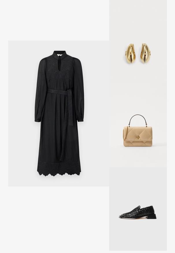 MUNTHE FONXO - Vestido comprido - black; Shoe slip-on de couro preto trançado com salto baixo e detalhe em borda ondulada, exibido sobre um fundo branco.; Saco de mão de couro bege acolchoado com detalhes em ouro, alça de corrente e pega superior. Apresenta um flap frontal e o detalhe do logótipo característico.; Brincos em tom de ouro com um design fluido e curvado. Cada brinco apresenta uma superfície lisa e um pequeno fecho com um detalhe decorativo.