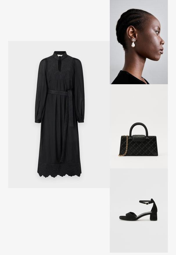 MUNTHE FONXO - Rochie maxi - black; Sandale cu toc din suede negru, cu o curea subțire la gleznă, design cu vârful deschis și un toc modest de tip bloc. Textură netedă și accente minime.; Geantă de mână neagră din piele texturată, cu un model în diamant, curea din lanț cu ton auriu și un mânere superior cu o închidere cu clapetă embosată cu logo.; Tory Burch STAR DROP EARRING - Cercei - silver-coloured