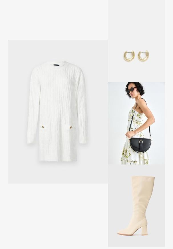 Weißes gestricktes Sweatdress mit langen Ärmeln, Zopfmuster und zwei vorderen Taschen, jede mit einem goldenen Knopf.; Cremefarbene kniehohe Stiefel mit Blockabsatz und glatter Oberfläche, seitlich auf einem einfarbigen Hintergrund gezeigt.; Schwarze Lederhandtasche mit geschwungener Form, abnehmbarem Tragegurt und goldenen Beschlägen. Die Tasche verfügt über einen Deckel mit einer Schnallen-Details.; Goldfarbene Creolen mit einer glatten, polierten Oberfläche. Sie haben eine halbkreisförmige Form und einen sicheren Stiftverschluss.