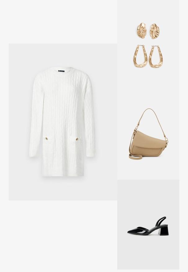 Abito in maglia bianco a maniche lunghe con motivo a treccia e due tasche anteriori, ognuna con un bottone dorato.; Décolleté in vernice nera con punta affusolata e tacco in geometria cubica. Presentano un design elegante e minimalista, con una texture liscia.; Even&Odd Borsa a mano - beige; Orecchini in tono oro caratterizzati da forme ondulate eTexture. Comprendono chiusure clip-on scultoree e un design a cerchio aperto con finitura martellata.