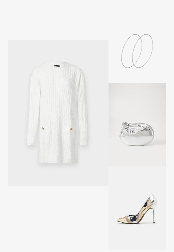 Bela pletena obleka s dolgimi rokavi in kabelskim vzorcem ter dvema sprednjima žepoma, vsak z zlatim gumbom.; Čevlji z visoko peto in konico, v barvni kombinaciji srebrne, zlate in nude. Sijajna obdelava z izrezljanim dizajnom, z igličasto peto.; Srebrna kovinska torbica z mehko, zaobljeno obliko in zavezano zgornjo zaporo. Narejena iz gladkega umetnega usnja.; Srebrne uhane v obliki obroča z minimalističnim dizajnom. Krožna oblika, gladka tekstura in tanek profil. Lahki s poliranim zaključkom.