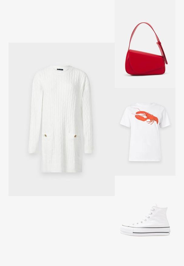 Λευκό πλεκτό φόρεμα με μακριά μανίκια και σχέδιο καλωδίωσης, που διαθέτει δύο μπροστινές τσέπες, η καθεμία με ένα χρυσό κουμπί.; Λευκό βαμβακερό μπλουζάκι με μεγάλο, φωτεινό κόκκινο γραφικό αστακού στο μπροστινό μέρος. Κοντά μανίκια και τυπικός σχεδιασμός λαιμού.; Λευκό ψηλό καμβαδάκι αθλητικό παπούτσι με μαύρη καουτσούκ σόλα, πρόσθιο καουτσούκ καλύμματος δακτύλου και έξι οπές για κορδόνια, με μια καθαρή και μίνιμαλ σχεδίαση.; Κόκκινη δερμάτινη τσάντα χειρός με γωνιακό, γεωμετρικό σχέδιο. Διαθέτει έναν ρυθμιζόμενο ιμάντα και κλείσιμο με καπάκι που έχει ραφές.