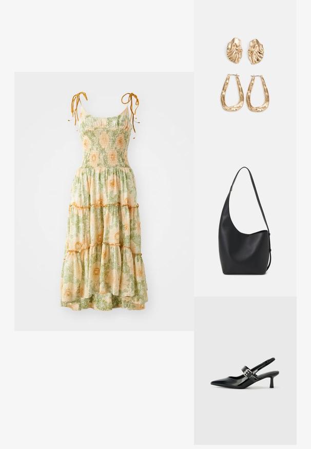 Floral maxi dress with spaghetti straps, gathered bodice, and layered tiers. Features green and orange botanical print on a light background.; Black patent leather slingback heels with a pointed toe and a small block heel, featuring a silver buckle accent on the strap.; Black leather hobo bag with a smooth texture, curved shape, and single adjustable strap; features a wide opening at the top.; Gold-tone earrings featuring textured, wavy shapes. Includes sculptural clip-on studs and open hoop design with a hammered finish.