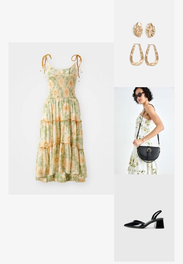 Cvetna maxi obleka z naramnicami, nabranim korzetom in večplastnimi robovi. Ima zeleni in oranžni botanični print na svetlem ozadju.; Črne lakirane slingback pete s koničastim nosom in geometrijsko blokasto peto. Imajo eleganten, minimalističen dizajn in gladko teksturo.; Črna usnjena torbica s ukrivljeno obliko, z odstranljivo naramnico in zlatimi dodatki. Torbica ima pokrov s podrobnostmi v obliki zaponke.; Zlato obarvani uhani z teksturiranimi, valovitimi oblikami. Vključujejo skulpturalne sponke za ušesa in odprto obliko obročka s kladivastim finišem.