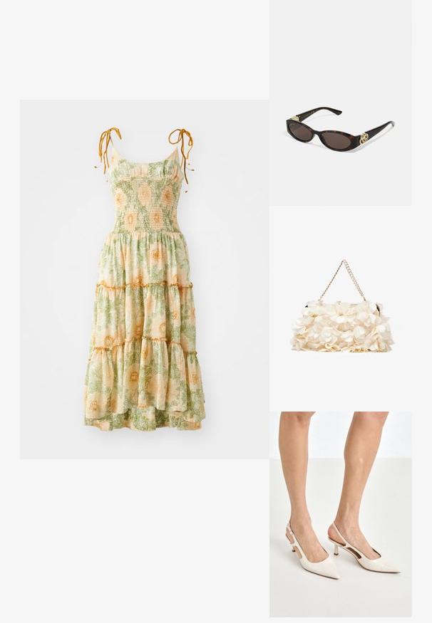 Virágmintás maxi ruha spagetti pántokkal, ráncolt melltartó résszel és réteges szoknyával. A világos háttér előtt zöld és narancssárga növényi minta található.; Beige patent bőr slingback magassarkúk hegyes orral és 5 cm-es sarokkal, kivágott oldalakkal és vékony bokapánttal.; Tortából készült napszemüveg, hosszúkás ovális lencsékkel, barna színű árnyalattal, arany logóval a fülkagylón, és karcsú fekete szárakkal.; Fehér virágmintás kézitáska gyűrt szövet felülettel, aranyszínű lánccal és fémetaljzattal. Textúrázott szirmokkal készült a részletesebb megjelenés érdekében.
