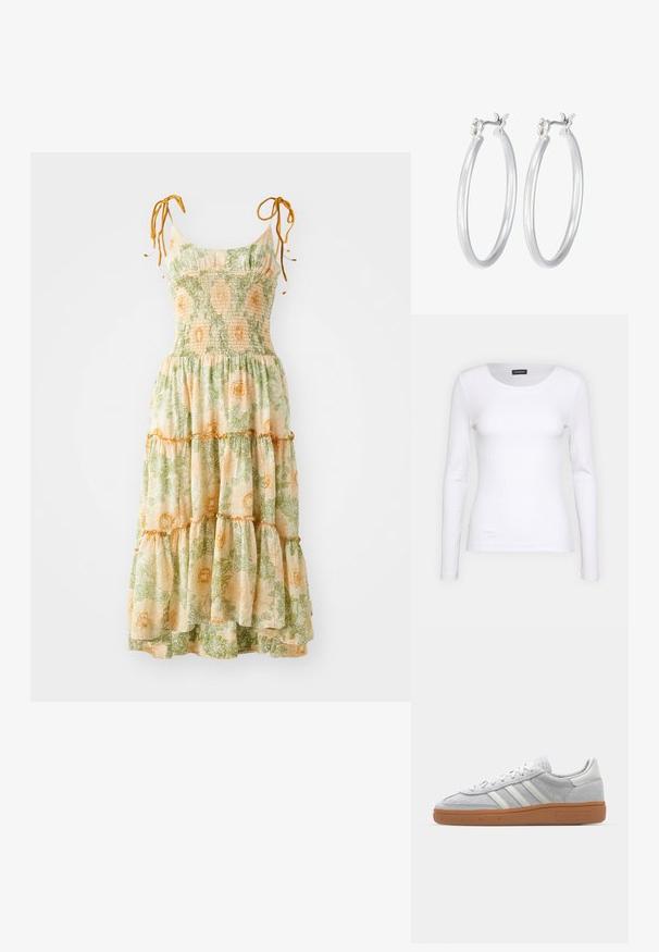 Floral maxi-jurken met spaghettibandjes, geplooide bovenkant en gelaagde volants. Kenmerkt een groen en oranje botanische print op een lichte achtergrond.; Witte geribbelde langemouwen top met een ronde halslijn. Gemaakt van een rekbare stof die het lichaam volgt. Heeft subtiele horizontale lijnen.; Lichtgrijze suède sneaker met witte leren accenten, drie witte strepen en een bruine rubberen zool, met een gewatteerde kraag voor comfort.; Zilveren oorbellen in de vorm van een gladde, gepolijste ring. Ronde vorm met een veilige kliksluiting. Lichtgewicht ontwerp, geschikt voor dagelijks gebruik.