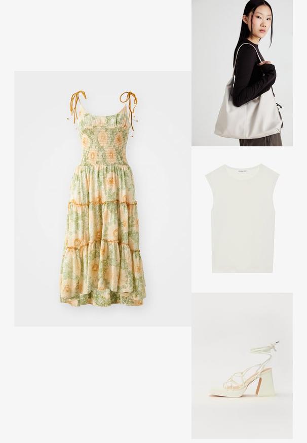 Blumiges Maxikleid mit Spaghetti-Trägern, gerafftem Oberteil und gestuften Lagen. Ausgestattet mit grünem und orangefarbenem botanischem Druck auf einem hellen Hintergrund.; Weißes ärmelloses Top mit rundem Ausschnitt. Hergestellt aus glattem Stoff, hat es einen lässigen Schnitt und minimalistisches Design. Keine Muster oder Akzente.; Weiße High-Heel-Sandale mit einem klobigen Absatz, die über ein Riemchendesign und ein Knöchelband verfügt. Glatte Textur mit einer Plattform vorne für zusätzliche Höhe.; Beige Handtasche aus weichem Material, mit einem lässigen Design, gesteppten Details und zwei Schulterriemen. Geeignet für den täglichen Gebrauch.