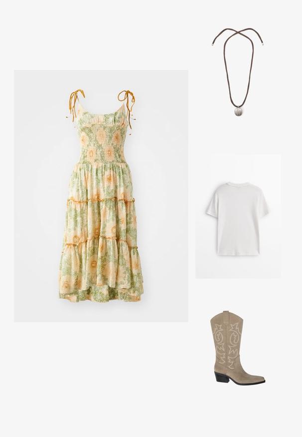 Blumiges Maxikleid mit Spaghetti-Trägern, gerafftem Oberteil und gestuften Lagen. Ausgestattet mit grünem und orangefarbenem botanischem Druck auf einem hellen Hintergrund.; Weißes Baumwoll-T-Shirt mit kurzen Ärmeln, rundem Halsausschnitt und glatter, einfarbiger Textur. Keine sichtbaren Muster oder Verzierungen.; PULL&BEAR Cowboy-/Bikerboot - taupe; Halskette mit einem braunen Band und einem silbernen ovalen Anhänger. Der Anhänger hat eine glatte Oberfläche und eine leichte Vertiefung in der Mitte.
