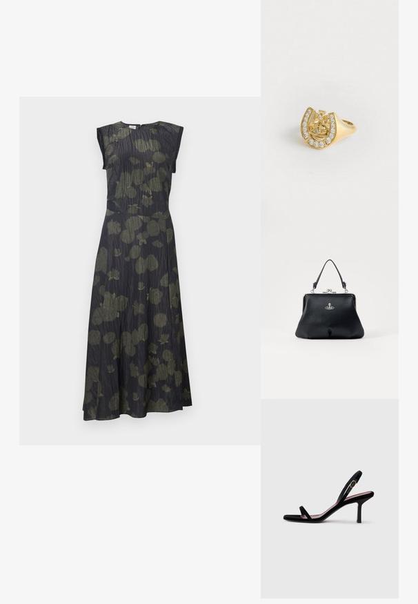 Mustapuku, jossa on vihreät kukkakuviot, lyhyet hihat, muotoiltu vyötärö ja levenevä helma. Tekstuuri antaa syvyyttä suunnittelulle.; Mustat mokkanahkaiset naisten korkokengät ohuilla remmeillä ja kultaisella soljella valkoista taustaa vasten, sivukuva.; Musta nahkalaukku, jossa on tekstuuripinta, hopeiset yksityiskohdat, lukolla suljettava ja lyhyet kahvat kantamista varten. Kompakti ja muotoiltu design.; Kultainen sormus, jossa on kruunusuunnittelu hevosenkenkämuodossa, koristeltuna pienillä kirkkailla jalokivillä, valkoisella taustalla.
