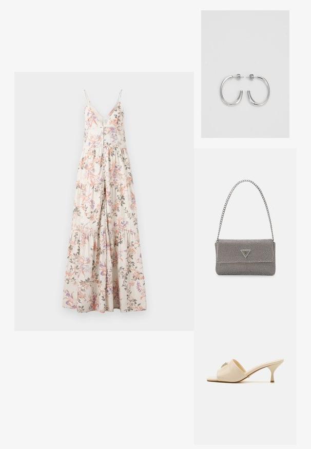 Vestido maxi con tirantes finos, estampado floral en rosa, morado y verde sobre un fondo crema, con frente abotonado y falda en capas.; Sandalia mule abierta de piel sintética beige con tacón stiletto bajo. Presenta un acento decorativo central en la parte superior. Acabado suave y brillante.; Bolso de mano metálico gris claro con una cadena como asa, adornado con pequeños remaches metálicos circulares y un logotipo de marca en forma triangular.; Aros de plata en forma de aro con un acabado liso y brillante. Diseño redondeado y ligero, con cierre de tipo post-back.