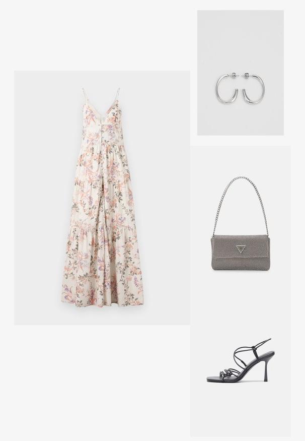 Maxi ruha pántos vállpántokkal, rózsaszín, lila és zöld virágmintával, krém színű háttérrel, gombos elülső résszel és réteges szoknyával.; Fekete magas sarkú szandálok vékony pántokkal, csomózott mintával, sima négyzetes orral és karcsú stiletto sarkal rendelkeznek.; Világosszürke fémes kézitáska lánc pánttal, kis kör alakú fém kifinomult díszítéssel és háromszög alakú márkagéppel.; Ezüst karika fülbevalók sima, fényes felülettel. Lekerekített forma, könnyű kialakítással, tűs zárómechanizmussal.