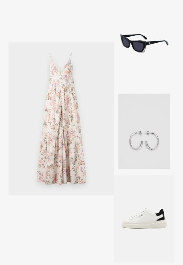Robe maxi à bretelles spaghetti, motif floral en rose, violet et vert sur un fond crème, avec un devant boutonné et une jupe à volants.; Baskets en cuir blanc avec une épaisse semelle blanche, un accent en daim noir au niveau du talon et un logo embossé sur le côté. Design à lacets avec six œillets.; Lunettes de soleil noires surdimensionnées avec une forme géométrique, dotées de verres foncés et d'un détail gris contrastant sur la monture. Logo sur la branche.; Boucles d'oreilles en argent avec une finition lisse et brillante. Forme arrondie, conception légère, avec un fermoir à tige.