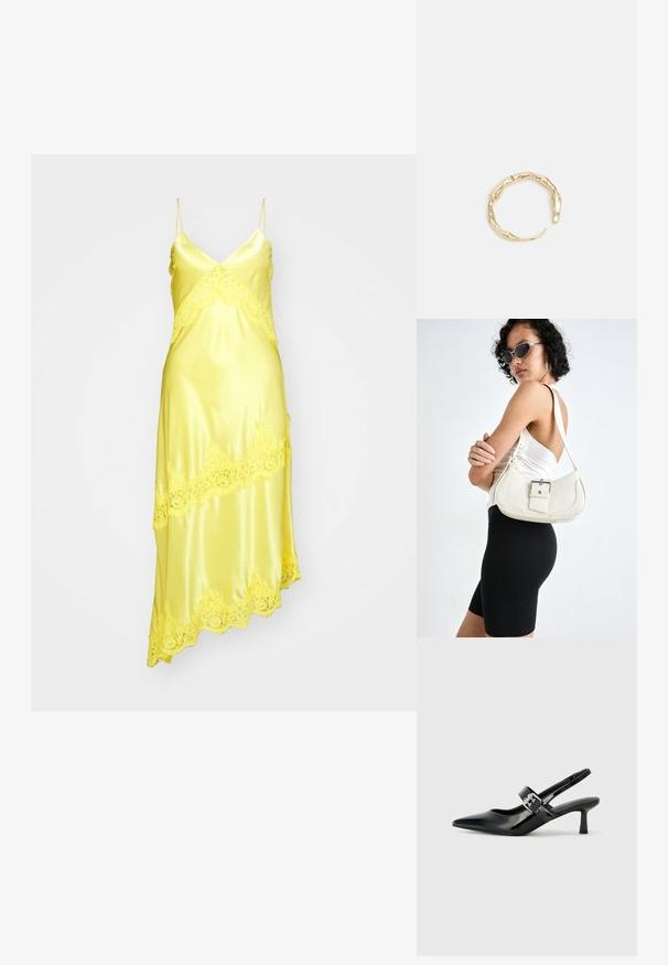 Dzeltena satīna kleita ar mežģīņu apdari, ar V veida kakla izgriezumu, plānām siksnām un asimetrisku apakšmalu. Gluda tekstūra.; Melnas lakotas ādas sūkņa kurpes ar norādītu purngali un mazu bloku papēdi, ar sudraba sprādzi akcentā uz jostas.; Balta ādas rokassoma ar izliekta formu, regulējamu siksniņu un mazu sprādzi. Modelis valkā pieguļošu melnu apģērbu.; Zelta toņa gredzens ar organisku, vērptu dizainu, gludu virsmu un sašaurinātiem galiem, radot mūsdienīgu, skulpturālu izskatu.