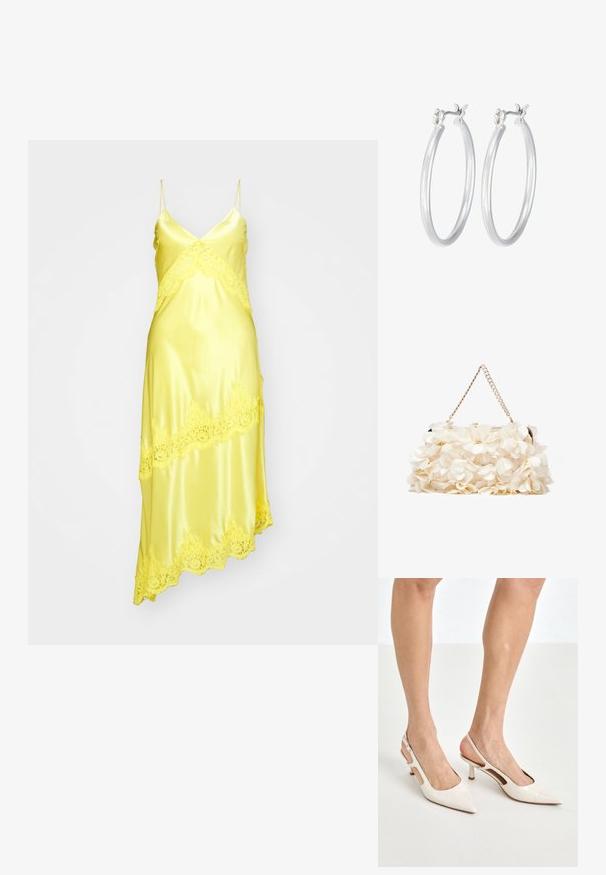 Žlté saténové šaty s čipkovým lemovaním, s výstrihom do V, tenkými ramienkami a asymetrickým lemom. Hladká textura.; Bežové lakované lodičky na podpätku so špicatou špičkou a 5 cm podpätkom, s výrezmi po stranách a tenkým remienkom okolo členka.; Biela kvetinová taška s nariaseným textilným povrchom, zlatým reťazovým popruhom a kovovým zámkom. Obsahuje textúrované okvetné lístky pre väčší detail.; Strieborné kruhové náušnice s hladkým, lesklým povrchom. Kolový tvar a bezpečné klikanie na uzatváranie. Ľahký dizajn vhodný na každodenné nosenie.