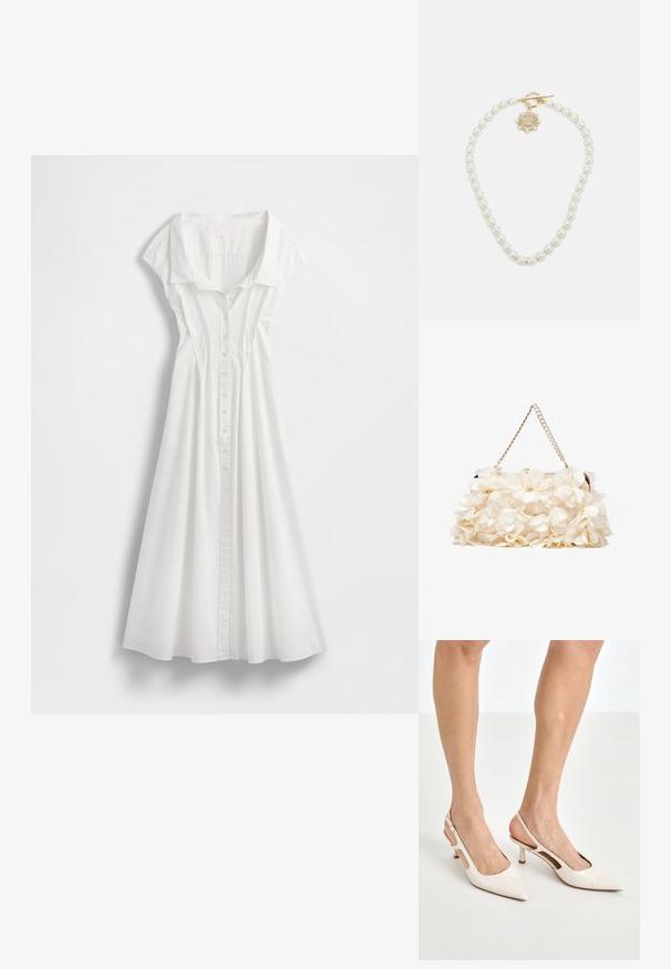 Witte jurk met knopen en kraag, korte capmouwen. Voorzien van een uitlopende rok en verticale naden voor vormgeving. Soepele katoenen stof.; Beige gepatineerde leren slingback hakken met een spitze neus en een hak van 5 cm, met uitsparingen aan de zijkanten en een dunne enkelband.; Witte bloemenhandtas met een gatherend stoffen oppervlak, gouden kettingriem en metalen sluiting. Heeft textuur op de bloemblaadjes voor extra detail.; Lauren Ralph Lauren COLLAR - Ketting - gold-coloured/white