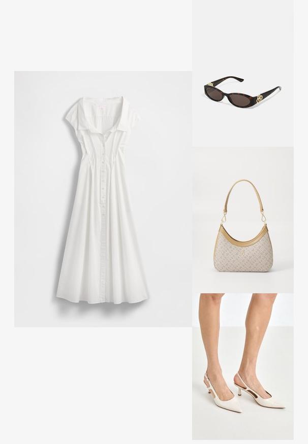 Robe blanche boutonnée avec col et manches courtes en forme de cape. Comprend une jupe évasée et des coutures verticales pour la mise en forme. Tissu en coton lisse.; Escarpins à talon slingback en cuir verni beige avec un bout pointu et un talon de 5 cm, présentant des côtés découpés et une fine bride à la cheville.; Lunettes de soleil en écaille, avec des verres ovales allongés, teinte marron, accents de logo doré sur les branches et montures noires élégantes.; Sac à main en beige à motif, avec une forme incurvée, des accents en cuir et un logo en ton doré sur le devant. Il dispose d'une poignée courte pour un transport facile.