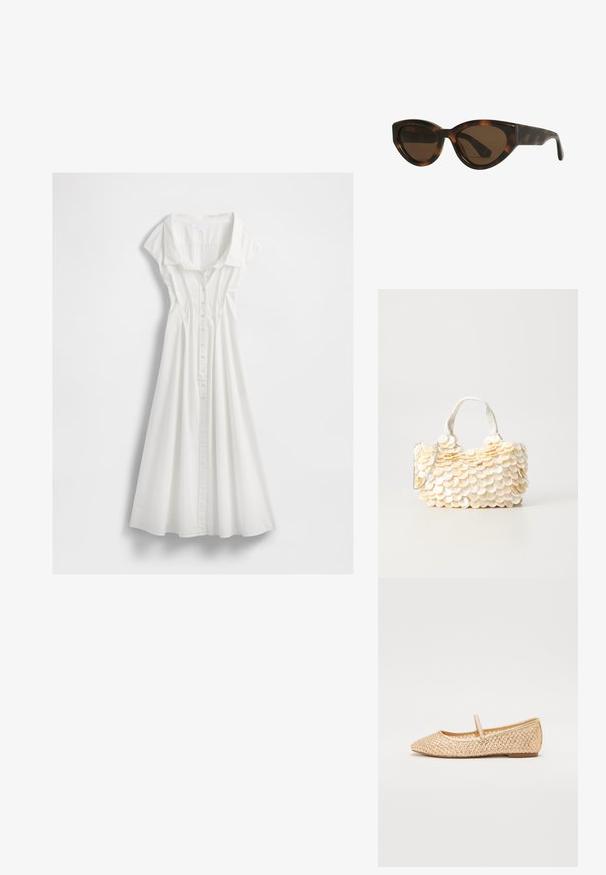 Bijela haljina s dugim rukavima od laganog pamuka. Ima kratke rukave u obliku kapice, ovratnik i lepršavu suknju s vertikalnim šavovima.; Zlatne pletene balerinke s bodnim vrhom, ravnim potplatom i trakicom preko srednjeg dijela stopala. Imaju strukturirane uzorke na gornjem materijalu.; Mačkaste sunčane naočale u obliku mačjih očiju s smešnim lećama, imaju glatke, sjajne plastične okvire i elegantan dizajn. Nema vidljivih logotipa ili akcenta.; Bijela torba s reljefnim, valovitim ukrasima koji podsjećaju na školjke. Ima pletenu ručku i srebrnu lančanu naramenicu za svestranost.