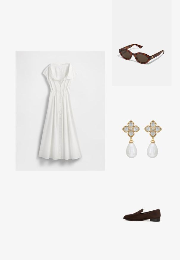 Hvid skjorte-kjole lavet af letvægtsbomuld. Har korte capærmer, en krave og en flæse nederdel med lodrette syninger.; Brun slip-on sko med en glat tekstur, forlænget form, lav blokhæl og minimalistisk design. Ingen synlige mønstre eller udsmykninger.; Skildpaddemønstret solbriller med runde rammer, mørke linser og gulds logo detaljering på stængerne. Glat plastmateriale, ingen synlige mønstre.; Guldtonede øreringe med et blomstret design, hvide blomsterdetaljer, en central diamant og en tårnformet hvid perle.