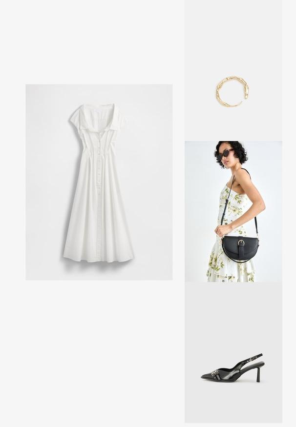 Biely košeľový šaty vyrobené z ľahkého bavlneného materiálu. Má krátke záhlaví, golier a rozšírenú sukňu s vertikálnymi švami.; Čierne lakované kožené slingback topánky s špicatou špičkou, remienkami okolo členku s striebornými prackami a hardvérom, a štíhlým podpätkom.; Čierna kožená kabelka s zaobleným tvarom, odnímateľným popruhom a zlatými doplnkami. Kabelka má klopu s detailom s prackou.; Prsteň v zlatej farbe s organickým, skrúteným dizajnom, hladkým povrchom a zužujúcimi sa koncami, vytvárajúci moderný, sochársky vzhľad.