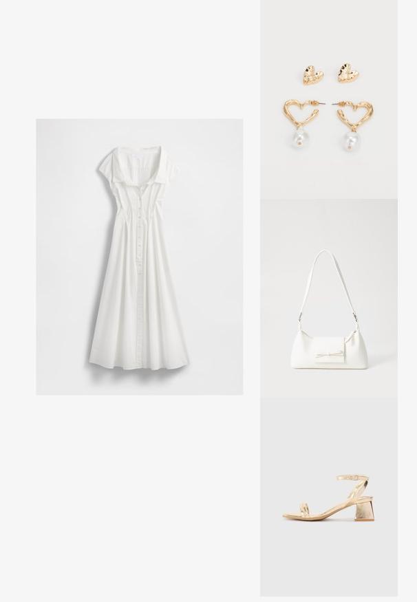 Bílá košilová šaty vyrobená z lehkého bavlněného materiálu. Má krátké rukávy typu cap, límec a rozšířenou sukni s vertikálními švy.; Zlaté metalické sandály na podpatku s ostrým blokovým podpatkem, dvěma pásky přes nohu a nastavitelným páskem kolem kotníku. Hladká textura.; Bílá syntetická kabelka v trojúhelníkovém tvaru, s plochým předním klopným víkem a detailem mašle, nastavitelným popruhem, hladkým povrchem a minimalistickým designem.; Náušnice ve tvaru srdce zlaté barvy s texturovaným povrchem, zdobené visícím perlou. Součástí jsou i odpovídající náušnice ve tvaru srdce na výrobu.