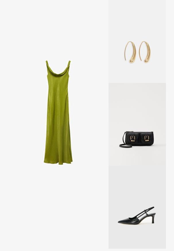 Zelené saténové dlouhé šaty s draped výstřihem a tenkými ramínky, s elegantním, přiléhavým designem, který se na lemu rozšiřuje.; Černé lakované slingback podpatky s špičatou špičkou, zdobené texturovaným hadím vzorem, nastavovacím páskem a krátkým texturovaným blokovým podpatkem.; Černá kožená crossbody taška se dvěma předními kapsami, zlatými přezkami, zipovým uzávěrem a štíhlým popruhem. Texturovaný povrch a kompaktní obdélníkový tvar.; Náušnice ve tvaru kruhu z pozlaceného kovu s vroubkovaným, prodlouženým tvarem. Mají hladký, lesklý povrch a zaoblený konec pro zvýraznění detailu.