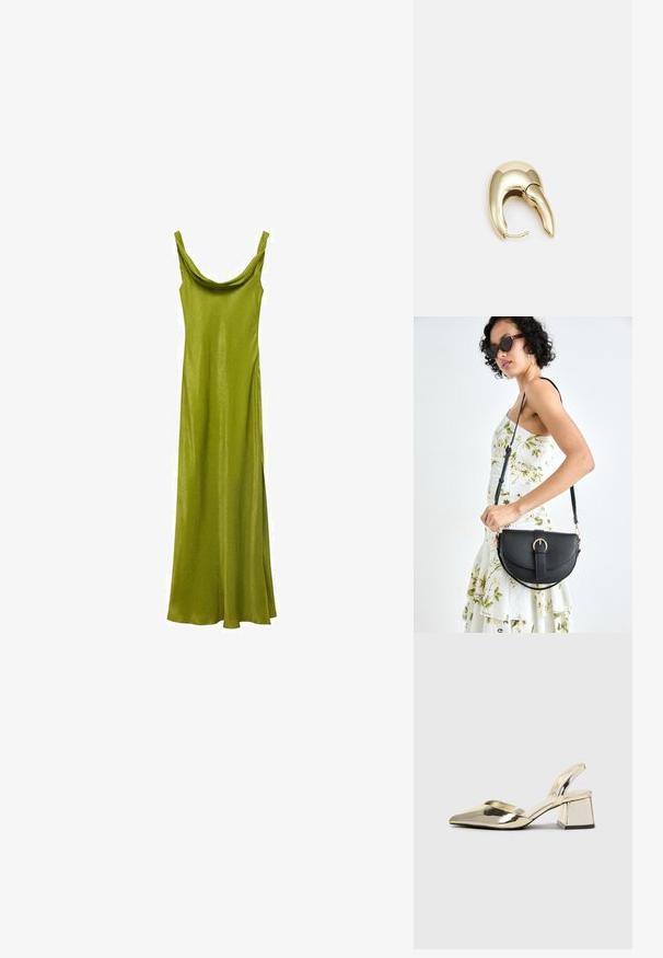 Rochie lungă din satin verde, cu un decolteu plisat și bretele subțiri, având un design elegant, ajustat, care se lărgește la tiv.; Pantofi cu toc slingback metalici aurii, cu vârf ascuțit și toc chunky. Textură netedă, design minimalist și o curea subțire.; Geantă din piele neagră, cu o formă curbată, curea detașabilă și accesorii aurii. Geanta are un capac cu un detaliu tip cataramă.; Cercei din metal de culoare aurie cu un design elegant și curbat. Prezintă o formă distinctivă, ascuțită, o suprafață lustruită și un sistem de închidere cu balama.