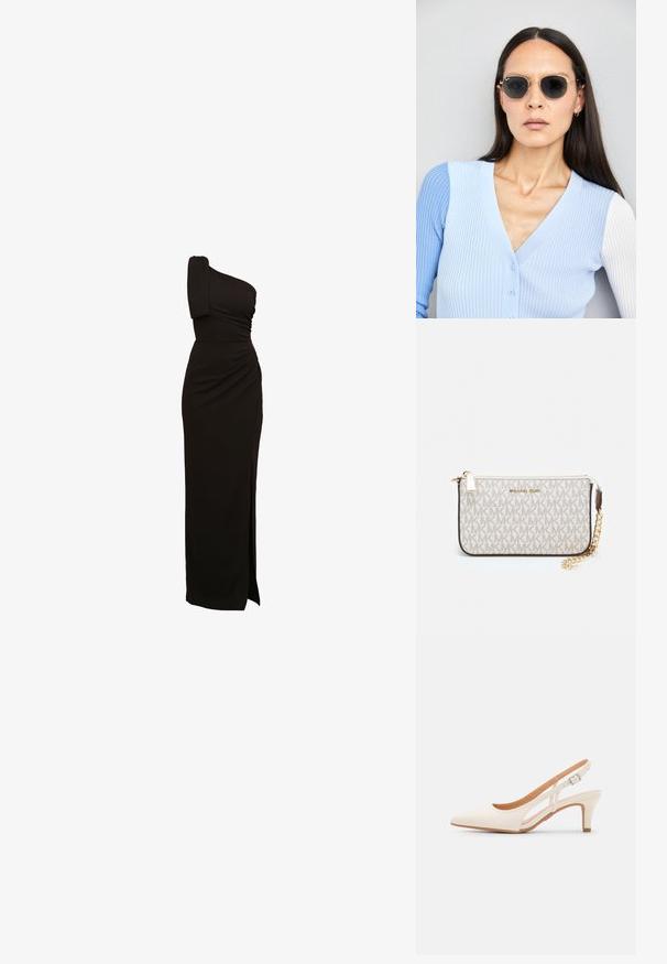 Mustan, ühe õlavarrega kleit, millel on voltimise detailid, formis talje ja reie kõrge lõhik. Valmistatud siledast, venivast kangast.; Valge slingback konts, terava ninaga, siledast ülemisest materjalist, madala ploki kontsaga ja külgse nähtavusega ning reguleeritava pandla rihmaga.; Ringikujulised prillid tumedate läätsede ja kullast raamiga. Mudel on selga pannud helesinise soonikuga kardigani, millel on nupud ja kontrastsed valged varrukad.; Michael Korsi randmevõru beige kaetud kangast, millel on korduv MK logo muster, kuldne riistvara ja eemaldatav ahelistrap.