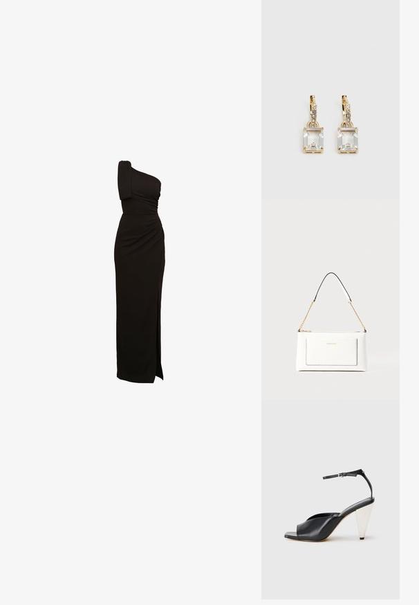 Vestido preto de um ombro só, com detalhes franzidos, cintura justa e uma fenda até à coxa. Confeccionado em um tecido liso e elástico.; Sandal de salto alto em couro preto com bico aberto, design assimétrico, tira no tornozelo e um salto metálico em forma de cone. Textura suave por toda a parte.; Bolsa de mão branca em couro com acabamento texturizado, featuring a corrente dourada e detalhes pretos. Inclui um bolso frontal e fecho com zipper.; Brincos em tom de ouro com um cristal retangular claro pendurado abaixo de uma linha de pequenos acentos redondos claros. Design elegante e moderno.
