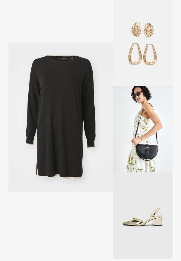 Černé svrškové šaty s dlouhým rukávem a krémovými žebrovanými akcenty na výstřihu a lemu. Obsahuje boční rozparky pro snadnost pohybu.; Kovové zlaté pantofle na podpatku s špičatou špičkou a masivním podpatkem. Hladký povrch, minimalisticý design a úzký pásek.; Černá kožená kabelka s křivkovým tvarem, odnímatelným popruhem a zlatými detaily. Kabelka má klopu s přezkou.; Náušnice ve zlatém tónu s texturovanými, vlnitými tvary. Obsahují sochařské klipy a design otevřeného kruhu s kladivkovým povrchem.