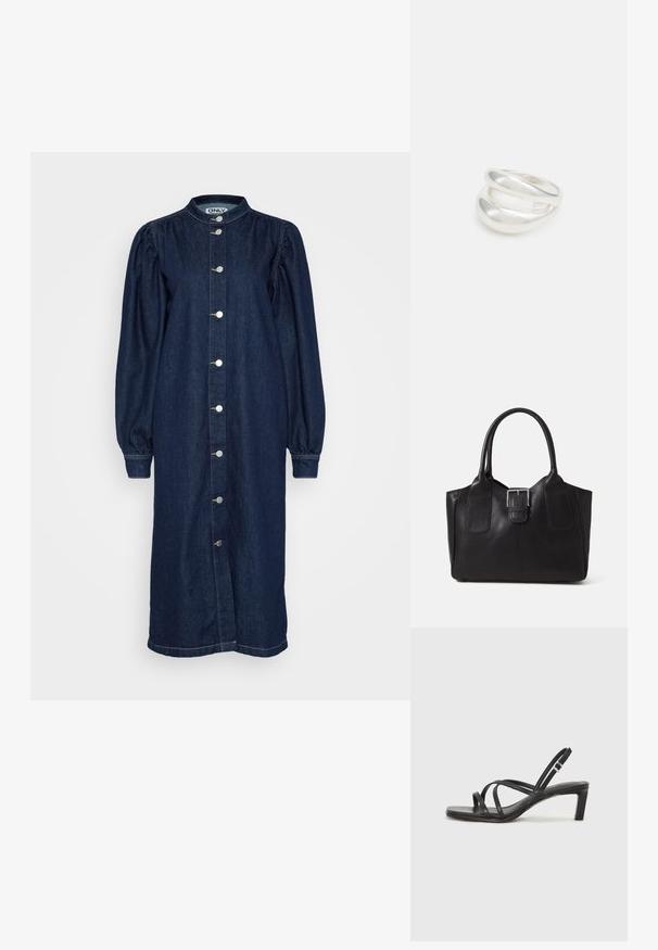 Temno modra denim obleka s visokim ovratnikom, dolgimi puff rokavi in sprednjim gumbnim zapiranjem. Ima srebrne gumbe in raven kroj.; Črne natikače s trakovi in kvadratnim prstom ter nizkim blokastim peto. Imajo več tankih trakov in nastavljiv trak okoli gležnja. Narejene so iz gladkega usnja.; Črna usnjena torba s gladko teksturo, strukturirano obliko, dvema ročkama in izrazitim srebrnim sponko na sprednji strani.; Srebrn dvojni prstan z gladko, polirano površino. Ima tekoč, ukrivljen dizajn z prekrivajočimi se sekcijami za sodoben videz.