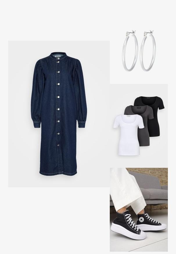 Tamno plava traper haljina s visokim ovratnikom, dugim puf rukavima i učvršćivanjem na gumbe sprijeda. Ima srebrne gumbe i ravni siluetu.; Tri fitted T-shirtovi u bijeloj, sivoj i crnoj boji. Svaki ima široki izrez na vratu i kratke rukave. Napravljen od glatkoga, rastezljivog materijala.; Crne tenisice visoke košarke s bijelim gumenim potplatom i vezicama. Imaju okruglu logotipsku zakrpu i kontrastni bijeli šav. Materijal od platna.; Srebrne kružne naušnice s glatkom, poliranom površinom. Okrugli oblik i sigurno kopčanje na klik. Lagani dizajn pogodan za svakodnevno nošenje.