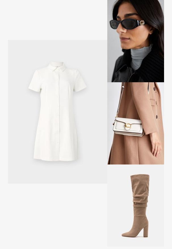 Kratké rukávy, košilové šaty vo bielej látke. Obsahujú golier, rozšírený lem a dve bočné vrecká. Hladká textúra s klasickým dizajnom.; Anna Field Čižmy - beige; Čierne slnečné okuliare s elegantným obdĺžnikovým rámom a zlatým logom na boku. Tmavé šošovky a lesklý povrch sú výrazné.; Biela kožená crossbody taška so zlatým zapínaním, s pevnou konštrukciou, kontrastnými okrajmi a tenkým nastaviteľným popruhom.