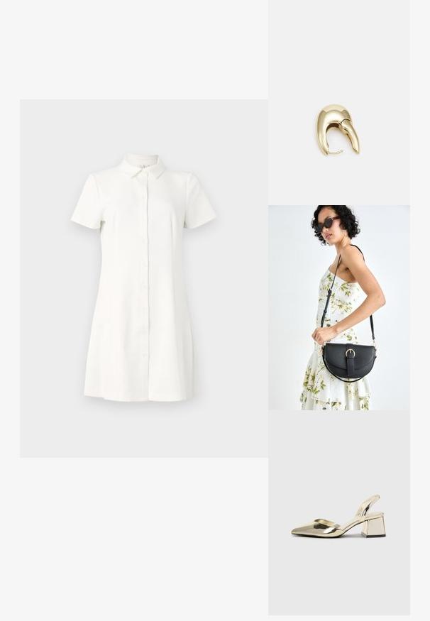 Kratke rokave, oblačilo s gumbi iz belega blaga. Ima ovratnik, razširjen rob in dva stranska žepa. Gladka tekstura s klasičnim dizajnom.; Zlati, kovinski slingback čeveljci z ostrim nosom in masivnim peto. Gladka tekstura, minimalistična zasnova in ozka zanka.; Črna usnjena torbica s ukrivljeno obliko, z odstranljivo naramnico in zlatimi dodatki. Torbica ima pokrov s podrobnostmi v obliki zaponke.; Uhane nakit iz zlatastega tona z gladko, ukrivljeno zasnovo. Ima edinstveno koničasto obliko, polirano površino in zaponko s tečajem.