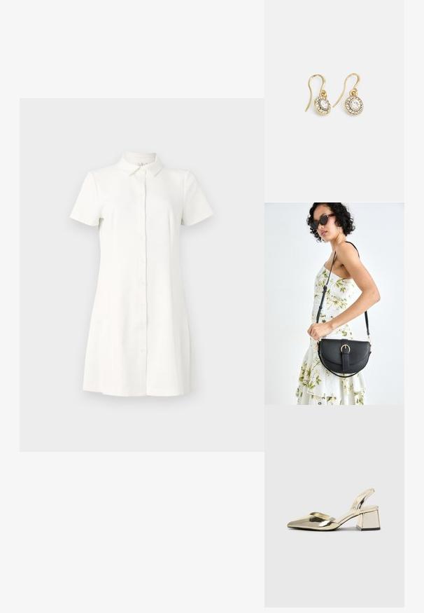 Kratké rukávy, košilové šaty vo bielej látke. Obsahujú golier, rozšírený lem a dve bočné vrecká. Hladká textúra s klasickým dizajnom.; Zlaté kovové lodičky na podpätku so špicatou špičkou a robustným podpätkom. Hladký povrch, minimalistický dizajn a úzka remienok.; Čierna kožená kabelka s zaobleným tvarom, odnímateľným popruhom a zlatými doplnkami. Kabelka má klopu s detailom s prackou.; Náušnice zlatého odtieňa s oválnymi čírymi kryštáli obklopenými menšími čírými kameňmi, s háčikovým dizajnom pre bezpečné nosenie.