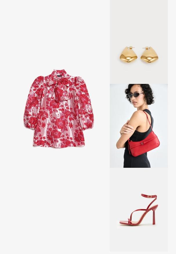 Röd blus med puffärm, hög krage och rosettdetalj. Tillverkad av glänsande tyg med ett mönster av stora blommor på en rosa bakgrund.; ALDO SCINTILLA - Sandaletter - red; Röd läderaxelväska med en slät yta, böjd design och en dekorativ spänneaccent. Justerbar rem och dragkedjestängning.; Guldtonade metallörhängen med en slät, rundad triangulär form och design med postback; reflekterande yta med minimal detaljering.