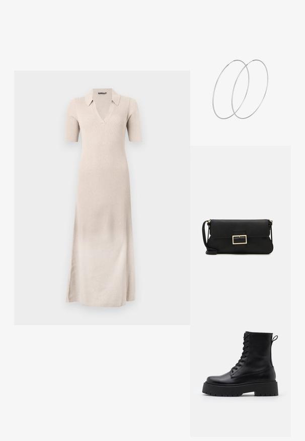 Beige ribbet kjole med korte ærmer, V-hals og krave. Lang, tætsiddende silhuet med splidser i siden for at lette bevægelse. Blød tekstur.; Sorte læder ankelstøvler med rund tå, snørebånd foran og en tyk gummisål med struktureret slidbane. Hæfteløkke bagpå.; Sort læder clutchtaske med klap og detaljer i guldmetallisk spænde. Inkluderer en sort rem og et slankt, minimalistisk design.; Sølvøreringe med et minimalistisk design. Cirkulær form, glat tekstur og tynd profil. Letvægtige med en poleret overflade.
