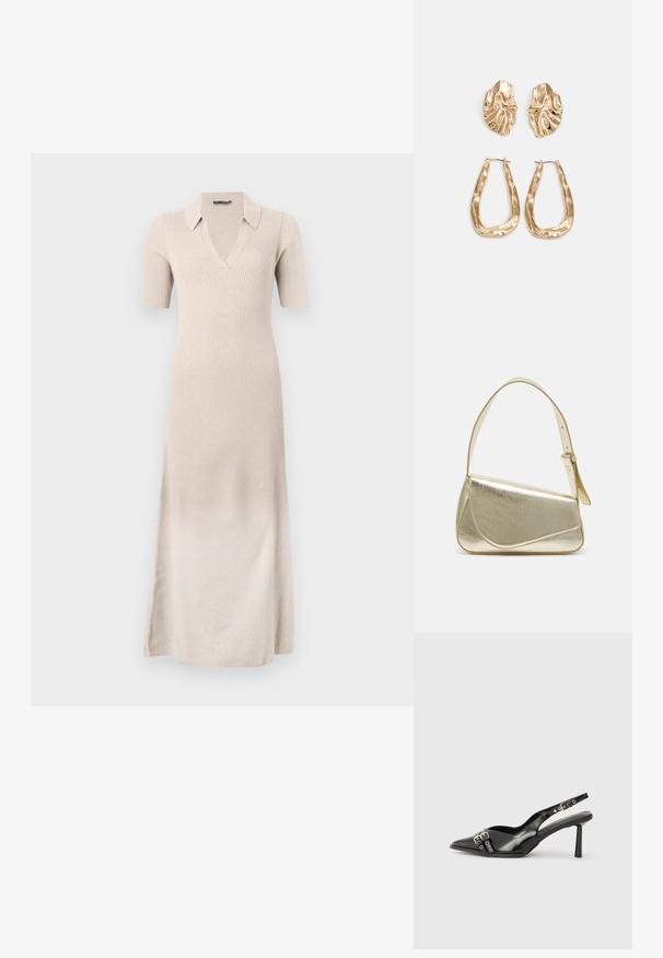 Robe beige à rayures avec manches courtes, décolleté en V et col. Silhouette longue et ajustée avec fentes latérales pour faciliter les mouvements. Texture douce.; Chaussure slingback en cuir verni noir avec un embout pointu, des brides de cheville avec des boucles en argent et des éléments en métal, et un talon fin.; Sac à main en métal doré avec un design structuré, texture lisse et bandoulière ajustable. Présente une forme triangulaire unique et des coutures minimalistes.; Boucles d'oreilles dorées présentant des formes texturées et ondulées. Comprend des clips sculpturaux et un design de créoles ouvertes avec une finition martelée.
