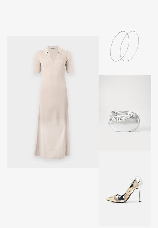 Bēša ribota kleita ar īsām piedurknēm, V veida izgriezumu un apkakli. Gara, pieguloša siluets ar sānu šķēlumiem, lai nodrošinātu kustību brīvību. Mīksta tekstūra.; Apspīlēta augstpapēžu kurpe ar zeltītu, sudrabi un neitrālu krāsu kombināciju. Spīguļojoša virsma ar izgriezuma dizainu, aprīkota ar stiletto papēdi.; Sudraba metāliska poga somiņa ar mīkstu, noapaļotu formu un mezgla augšējo aizdari. Izgatavota no gludas mākslīgās ādas materiāla.; Sudraba gredzenveida auskari ar minimālistisku dizainu. Cirkulāra forma, gluda tekstūra un plāns profils. Vieglu svaru ar spīdīgu apdari.