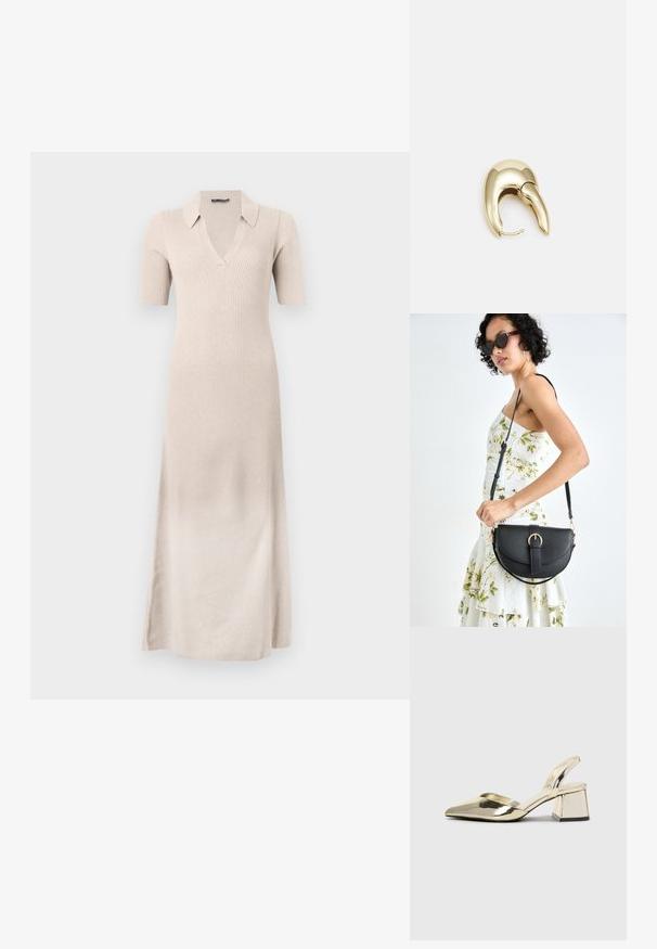Beige pruhované šaty s krátkými rukávy, výstřihem do V a límcem. Dlouhý, přiléhavý silueta s bočními rozparky pro snadný pohyb. Měkká textura.; Kovové zlaté pantofle na podpatku s špičatou špičkou a masivním podpatkem. Hladký povrch, minimalisticý design a úzký pásek.; Černá kožená kabelka s křivkovým tvarem, odnímatelným popruhem a zlatými detaily. Kabelka má klopu s přezkou.; Náušnice ve zlatém tónu z kovu s elegantním zakřiveným designem. Vyznačují se jedinečným špičatým tvarem, lesklým povrchem a závěsem na kloub.