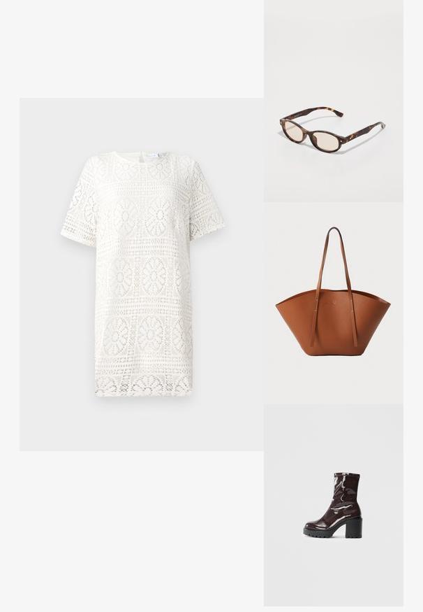 Balta nėriniuota suknelė su geometriniu gėlių raštu, trumpomis rankovėmis ir apvaliu kaklu. Minkšta tekstūra su sudėtingu dizainu.; Blizgus burgundių spalvos kulknapis su tankiu juodu kulnu, pasižymintis lygiu paviršiumi ir paprastu dizainu. Nėra matomų užsegimų ar raštų.; Žalios spalvos akinių rėmeliai su apvalia forma ir šviesiais objektyvais. Savybės: tvirtos šakės su mažomis auksinėmis detalėmis, pagamintos iš plastiko.; Ruda odinė rankinė su plačia, struktūrizuota forma, plonomis rankenomis ir tekstūruotu paviršiu. Pasižymi minimalistišku dizainu be matomų detalių.