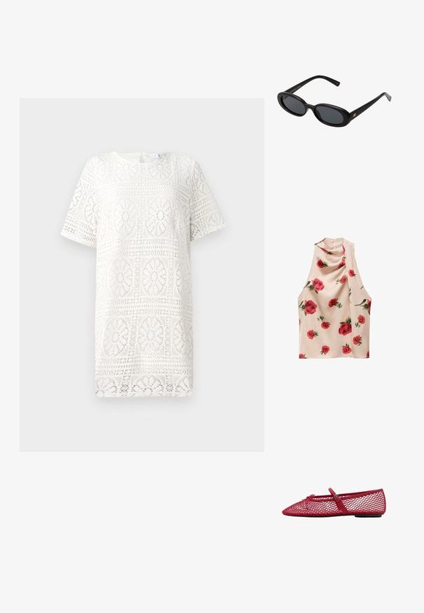 Bela čipkasta obleka z geometrijskim cvetličnim vzorcem, kratkimi rokavi in okroglim izrezom. Mehka tekstura z zapletenim dizajnom.; Brezrokavna bluzica iz svetle bež tkanine z mehkimi in lahkotnimi teksturami. Ponaša se s potiskom rdečih vrtnic in gumbom na hrbtni strani.; Rde mrežaste balerinke s koničastim prstom, ki imajo tanek trak in podrobnost z zaponko. Zgornji del ima odprt, satasti vzorec.; Črne oversize sončne očala z ovalnimi lečami, gladkim plastičnim okvirjem in zlatenimi detajli na templjih. Temne leče zagotavljajo zaščito pred soncem.